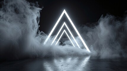 White neon arch, triangle portal, circles frame with swirling smoke on floor, white fog on the floor with black background