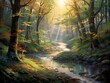Beautiful autumn forest landscape with a river flowing through it, panorama