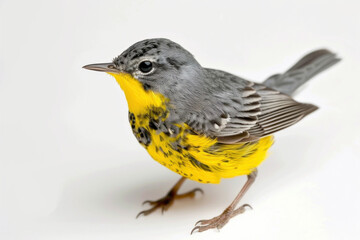 Wall Mural - Close-Up of a Vibrant Yellow and Grey Warbler Bird on White Backdrop