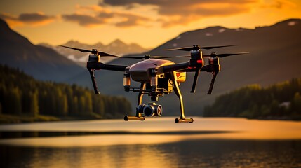 Canvas Print - Drone flying in the mountains at sunset.