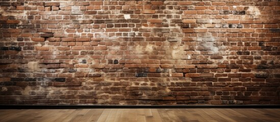  An empty room with a brown brick wall and wooden flooring. The brickwork is in a rectangular pattern, showcasing the beauty of natural building materials