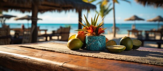 Poster - A photo of an empty wooden table with a tiki beach bar blurred background