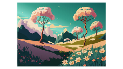 Summer landscape of blooming field vector illustration