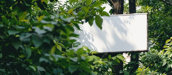 Sticker - Billboard with white color against a backdrop of green leaves in the spring or summer.