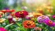 Colorful beautiful multicolored flowers Zínnia spring summer in Sunny garden in sunlight on nature outdoors. Ultra wide banner format