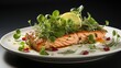 Fresh palatable snack of salmon fillet with vivid vinous herbs on round ceramic