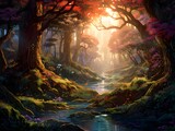 Fototapeta Las - Beautiful fantasy landscape with a river and trees in the forest.