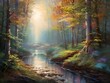 Panoramic image of a forest river in a foggy autumn morning