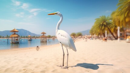 Poster - Beautiful white heron stands on golden beach with palm trees