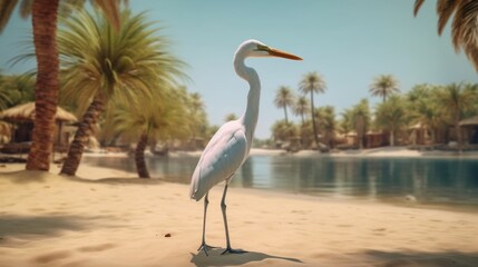 Poster - Beautiful white heron stands on golden beach with palm trees