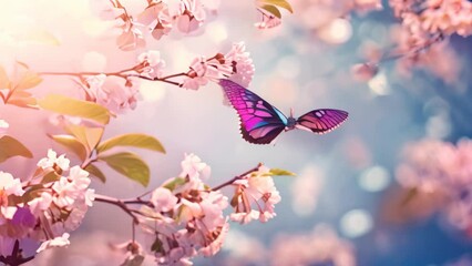 Poster - Beautiful cherry blossom and butterfly. Spring background. Soft focus, AI Generated