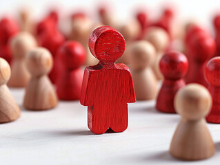 one wooden figures stand up in front of the others group, to be different. Leadership image concept.