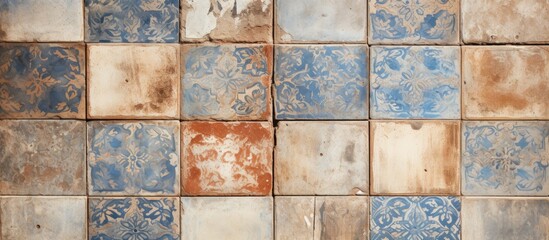 Poster - Colorful tiles in different hues and shades are closely arranged on a wall, creating a vibrant and textured surface