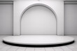 3D rendering of an empty white stage with a curved wall in the background