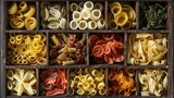 Fototapeta  - Pasta assorted. Set of different types of paste in the cells of a wooden box.