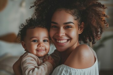 A woman is holding a baby and smiling