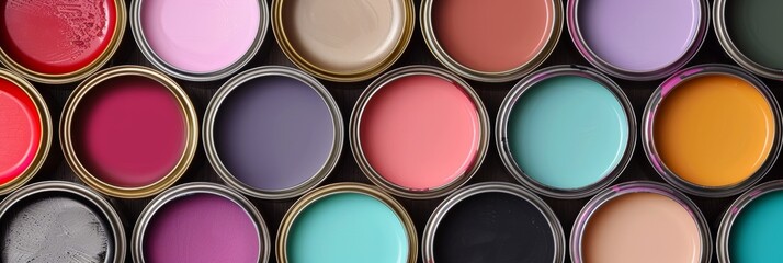 Wall Mural - Various open paint cans on vibrant and colorful background for artistic diy projects