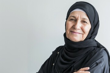 Canvas Print - A woman wearing a black scarf and a black head scarf is smiling