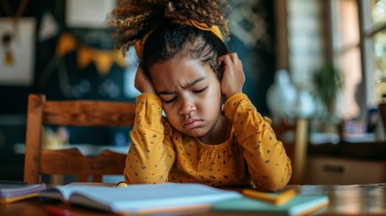 Wall Mural - A young girl is sitting at a table with a book in front of her