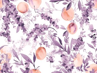 Wall Mural - Purple Flowers and Fruits Watercolor Seamless Pattern