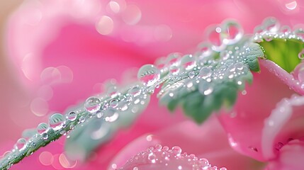  Transparent drops of dew on the leaves of the fern with the reflection of the peony flower. Transparent water droplets in nature macro on a pink background.