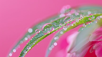  Transparent drops of dew on the leaves of the fern with the reflection of the peony flower. Transparent water droplets in nature macro on a pink background.