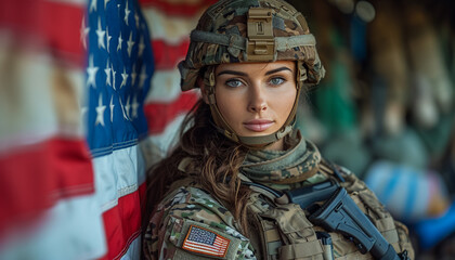 Soldier Girl  in uniform in front of U S Flag
