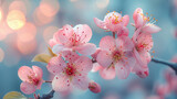 Fototapeta Kwiaty - Flowering fruit trees in spring. Blooming branch of cherry, apricot, apple tree in sunny weather in spring.