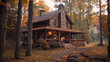 A rustic log cabin nestled in the woods with a cozy fireplace and a wrap-around porch.