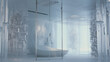Bathroom interior with glass walls and a modern sculptural bathtub, minimalist architecture, 3d illustration