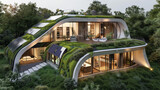 Fototapeta Góry - A futuristic eco-friendly home with solar panels and a living green roof.
