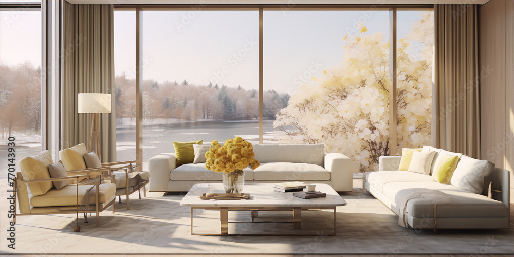 Bright,airy,and inviting living room with a stunning view of the snowy ...