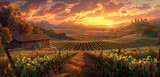 Fototapeta Przestrzenne - A scenic vineyard with rows of grapevines, a rustic wine cellar, and a stunning sunset.