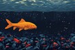 Solitary golden fish swims above a seabed littered with discarded batteries, illustrating environmental pollution