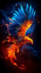 Wall Mural - A colorful bird flying through the night sky. A magical creature made of fire on black background.