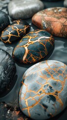 Wall Mural - A bunch of rocks that are sitting in some water.