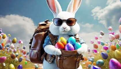 Wall Mural - Illustration of an Easter bunny with sunglasses, wearing a jacket and backpack with colorful Easter eggs.
