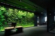 Vibrant green office wall in brilliant led light, striking contrast against dark surfaces