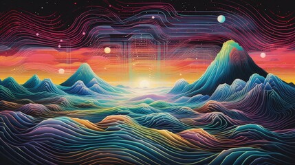 Sticker - geometric waves in neoncolors flowing through a futuristic landscape