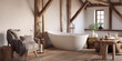 Rustic bathroom interior with a freestanding bathtub, wooden beams and a large window
