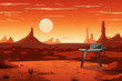 Laptop and coffee table in the middle of a red rocky desert under a large moon