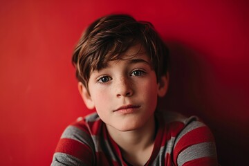 Portrait of a little boy in a red shirt on a red background