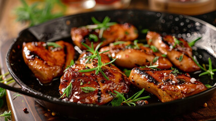 Wall Mural - A skillet containing cooked chicken pieces, seasoned and garnished with fresh herbs for added flavor and presentation.