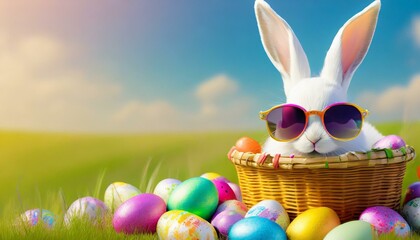 Poster - Illustration of an Easter bunny with sunglasses, a basket and colorful Easter eggs.
