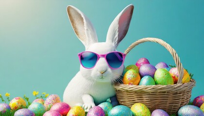 Wall Mural - Illustration of an Easter bunny with sunglasses, a basket and colorful Easter eggs.
