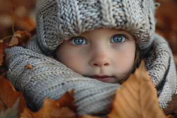 Wall Mural - A young child wearing a knitted hat and scarf, Autumn vibes, orange and yellow leaves