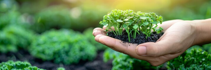 Wall Mural - Hand holding fresh kale with blurred background, ideal for text in kale selection context