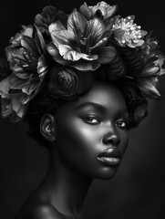 Canvas Print - A woman with flowers in her hair, beautiful african model with flowers and leaves i her hair.