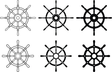 Wall Mural - Cartoon Nautical Ship Steering Wheel Illustration Clipart - Outline, Silhouette and Stamp