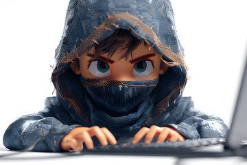 Wall Mural - A suspenseful 3D animated cartoon render of a hacker behind a digital barrier.